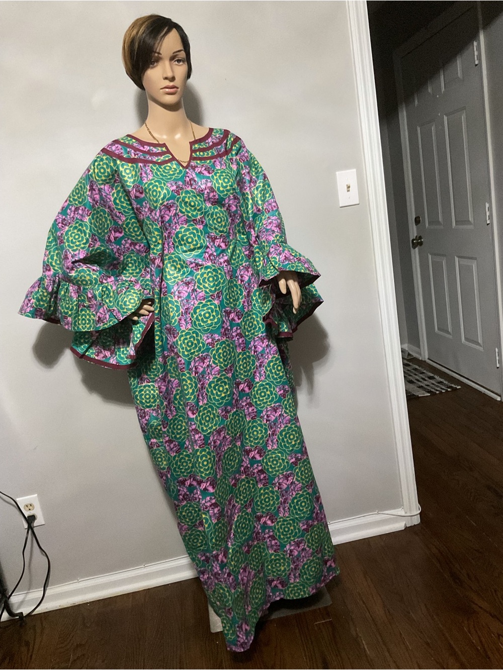 Women's Long Sleeve Floral Caftan Dress in Green & Purple